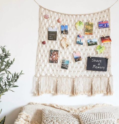 These 20 photo display ideas will give your memories a stylish edge  - Macrame net wall decor #homedecor #walldecor Photo Display Ideas, Unique Photo Frames, Photo Wall Hanging, Pola Macrame, Bohemian Wall Decor, Hanger Design, Collage Picture Frames, Macrame Hanging, Photo Display