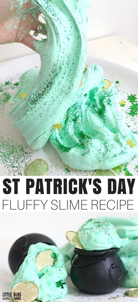 Sant Patrick, Homemade Slime Recipe, Fluffy Slime Recipe, Making Fluffy Slime, Lucky Leprechaun, Fete Saint Patrick, Galaxy Slime, March Crafts, Easy Slime Recipe