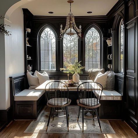 Facebook Gothic Victorian House Interior, Little Home Ideas, Built In Booth, Gothic Victorian House, Victorian Apartment, Dining Nooks, Home Office Style, Victorian Home Interior, Bohemian Interiors