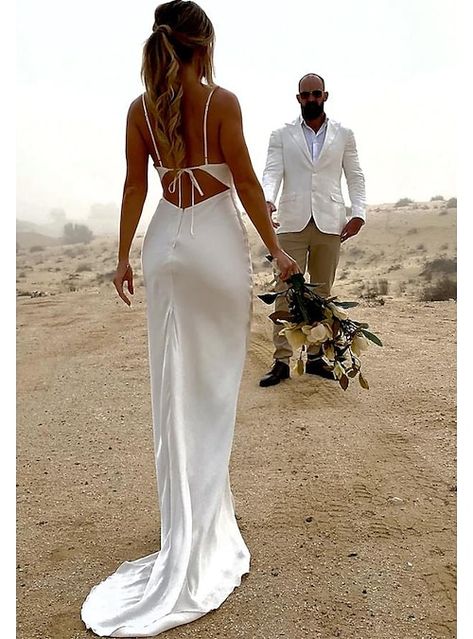 Beachy Wedding Dress Simple, Open Back Sleek Wedding Dress, Slim White Wedding Dress, Simple Slim Fitting Wedding Dress, Boho Wedding Dress Big Bust, Simple Strappy Wedding Dress, Silk Wedding Dress With Straps, Beach Weddings Wedding Dress, Simple Wedding Dress With Open Back