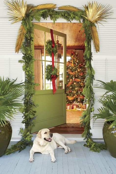 50 Ways to Decorate with Fresh Christmas Greenery Tropical Christmas Decorations, Beach Christmas Decorations, Hawaii Christmas, Southern Christmas, Christmas Front Door, Florida Christmas, Coastal Christmas Decor, Beachy Christmas, Hawaiian Christmas