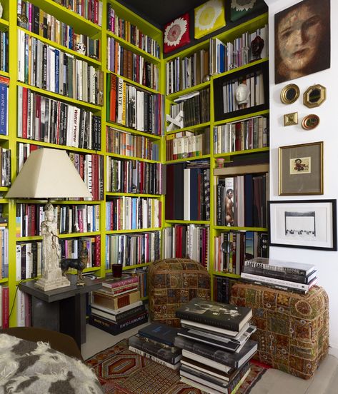 Love the pop of color on the bookshelves! Leontine Linens, French Salon, Mid Century Cabinet, Tavern On The Green, Manhattan Apartment, Master Shower, Home Libraries, Creature Comforts, Nyc Apartment