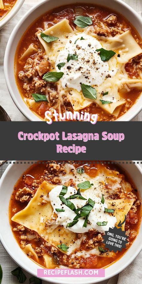 Looking for a cozy meal that brings comfort and flavor to your dinner table? This Crockpot Lasagna Soup Recipe combines tender ground beef with rich tomato sauce and gooey cheese for a delightful twist on classic lasagna. Save this recipe for a hearty weeknight dinner you’ll love! Crockpot Supper Ideas Easy Recipes, Crock Pot Easy Dinner, Lasagna Recipe In Crockpot, Crockpot Recipes Ground Beef Healthy, Soft Crockpot Meals, Crock Pot Lazy Lasagna, Lasagna Soup Crockpot Recipes, Crock Pot Lasagna Soup Recipe, Creamy Lasagna Soup Crockpot