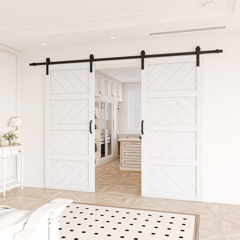 ARK DESIGN Manufactured Wood Prefinished Double Sliding Barn Door with Installation Hardware Kit | Wayfair Door In Dining Room, Sliding Door Ideas, Rustic Barn Doors, Rolling Doors, Bathroom Barn Door, Modern Sliding Barn Door, Double Sliding Barn Doors, Wood Barn Door, Barn Door Designs