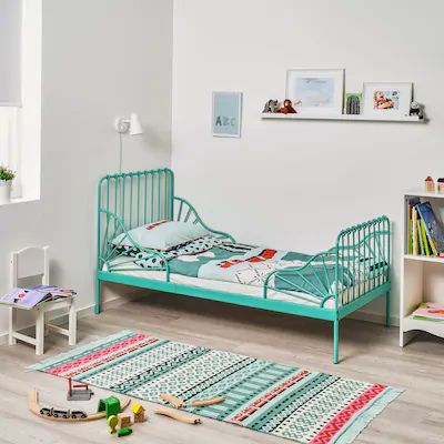 Three Kids One Room, Ikea Minnen Bed, Periwinkle Room, Turquoise Bed, Bedroom Playroom Ideas, Baby Boy Nursery Room Ideas, Turquoise Bedding, House Kids Room, Kallax Hack