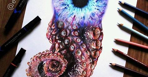 Surreal eye/octopus art  - Album on Imgur Surreal Eye, Octopus Eyes, Realistic Eye Drawing, Prismacolor Art, Octopus Tattoo, Octopus Art, Caran D'ache, Color Pencil Art, Weird Art