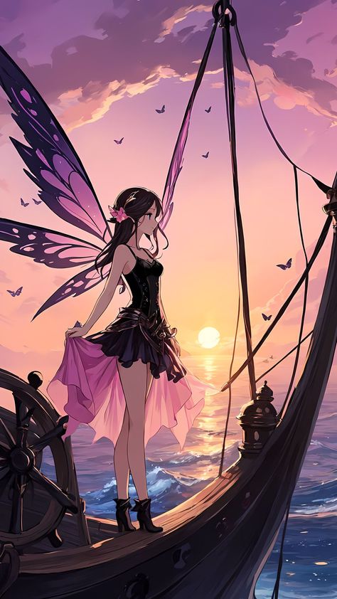 free wallpapers 4K fairy, girl, wings, ship, sea, sun, sunset, fantasy, ai, art for mobile and desktop Wallpapers Girl, Neon Cyberpunk, Forest Color, Technology Art, Supernatural Beings, Fairy Girl, Cosplay Characters, Anime Fairy, Digital Art Anime