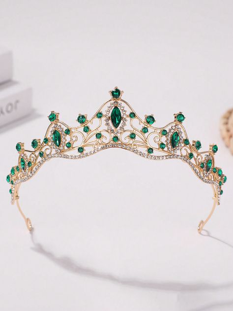 Green Party,Fantasy Collar  Zinc Alloy   Embellished   Women Accessories Tiana Tiara, Simple Tiara, Quinceanera Green Crown, Emerald Green Crown For Quince, Emerald Green And Gold Quince Crown, Emerald Crown, Green Tiara, Emerald Green Crown, Green Crown