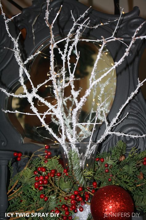 Icy Branches Diy, Christmas Tree With Twigs, Stick Trees Christmas Branches, Christmas Sticks Decorations, Painted Branches Decor, Diy Christmas Branches, White Twigs Christmas Decor, Christmas Twigs Branches, White Branches Decor Winter Decorations