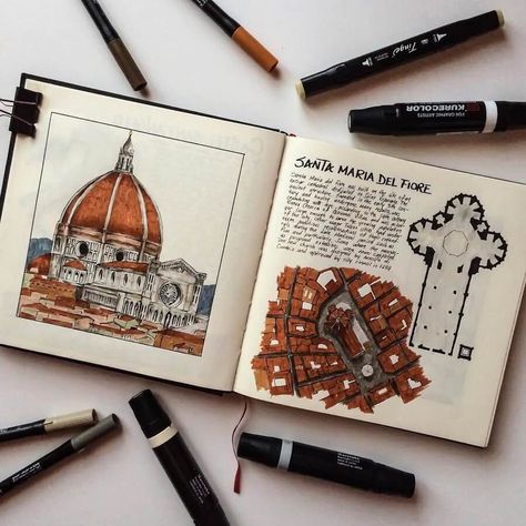 Santa Maria del Fiore by O. Çengel Architecture Journal, Kunstjournal Inspiration, Moleskine Journal, Architecture Drawing Sketchbooks, Arte Doodle, Travel Art Journal, Travel Sketchbook, Architecture Sketchbook, Architecture Drawing Art