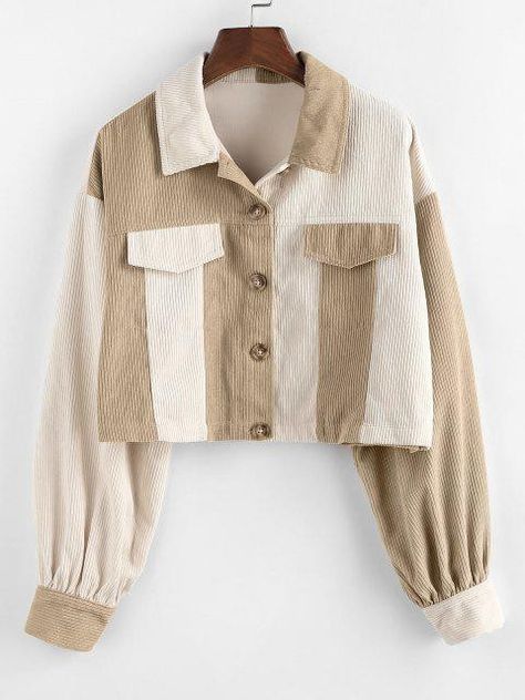 Corduroy two tone flip detail jacket . Color Block Shirts, Casual Kimono, Casual Vest, Vintage Color, Fashion Materials, Active Wear Outfits, Coats And Jackets, Corduroy Jacket, Swimwear Outfit