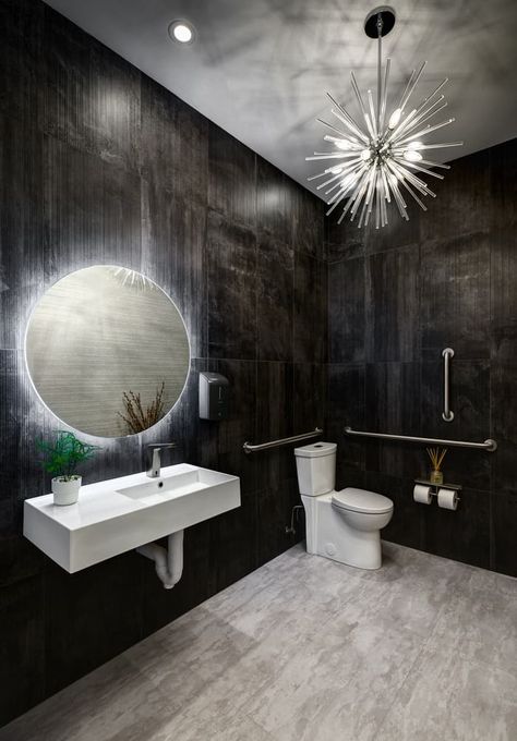 Elegant Restroom, Dental Practice Design, Office Bathroom Design, Dental Clinic Design, Office Design Inspo, Black Wall Tiles, Dental Studio, Apex Design, Commercial Space Design