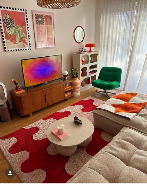 Bohemian Modern Apartment, Small Bright Apartment, Retro Funky Living Room, Abstract Apartment Decor, Eclectic House Decor, Colorful Minimalist Apartment, Slumber Pod, Mid Mod Living Room, Funky Living Room