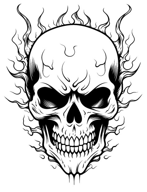 Fiery Skull: A skull with flames engulfing it from all around. (Free Printable Coloring Page for Kids) Skull Tattoo Ideas For Men Drawing, Skull Stencil Templates, Traceable Drawings Free Printable, Skull Stencil Printable, Skull Coloring Pages Free Printable, Skull Outline Drawing, How To Draw A Skull, Skulls To Draw, Skull Tattoo Stencil