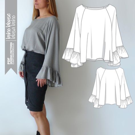 Bohemian Blouse With Ruffles And Bishop Sleeves, Flowy Lantern Sleeve Blouse With Ruffles, Ruffle Blouse Sewing Pattern Free, Oversized Long Sleeve Blouse With Ruffles, Linen Sewing Patterns, Bohemian V-neck Blouse With Ruffles, Diy Sewing Clothes, Fashion Sewing Pattern, Cotton Voile