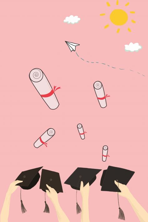 white clouds,sun,simple,happy,cartoon,graduation season,bachelor cap,pink Graduation Wallpaper Backgrounds, Graduation Graphic Design, University Background, Graduate Poster, College Images, Cartoon Graduation, Graduation Background, Season Background, College Image