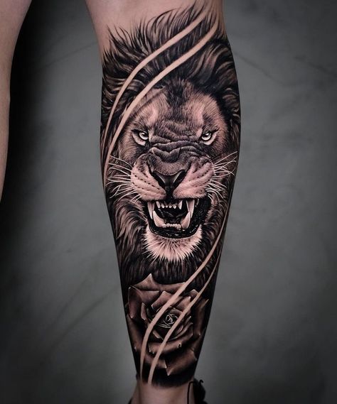 Lion Tattoos For Guys, Lion Leg Tattoo, Tato Geisha, Tato Nama, Roaring Lion Tattoo, Calf Tattoo Men, Lion Forearm Tattoos, Tiger Tattoo Sleeve, Lion Tattoo Sleeves