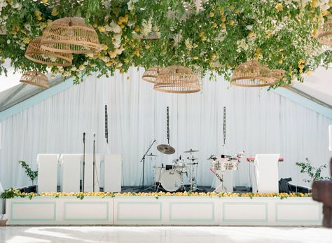 Wedding Band Stage Backdrop, Band Backdrop Wedding, Wedding Band Stage Decor, Kiawah Wedding, Italian Engagement, Band Stage, Stage Backdrops, Second Line Parade, Reception Florals