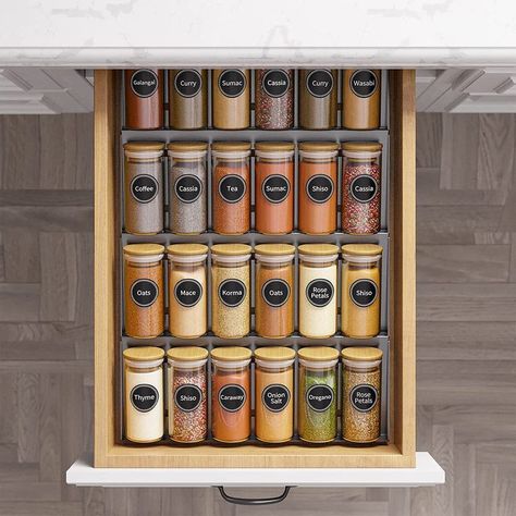 Mason Jar Spice Organization, Wooden Spice Box Kitchens, Mason Jar Spice Storage Open Shelving, Spice Jars Amazon, Amber Spice Jars, Minimalist Farmhouse, Spice Organization Drawer, Spice Jar Set, Glass Spice Jars