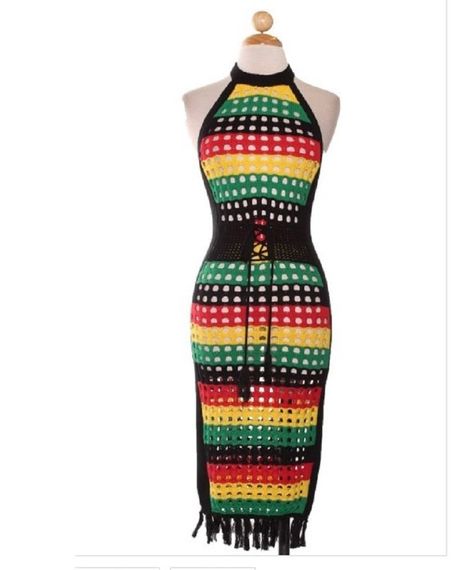 Image of Reggae Rasta Jamaican Halter Open Back Beach Dress Rasta Outfit, Rasta Fashion, Marley Tattoo, Rasta Dress, Jamaican Clothing, Classy Crochet, See Thru Dresses, Knit Beach Dress, Rasta Clothes