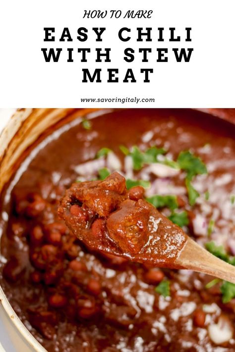 This Easy Chili with Stew Meat is an easy to make chili recipe that slow cooks to perfection. Made with stew meat, crushed tomatoes, beans, spices and a little bit of cocoa powder and coffee. So tender and flavorful! Make this chili ahead of time for game day or a get together. Chili Recipe Using Stew Meat, Slow Cooker Chili With Stew Meat, Beef Stew Chili Recipe Crockpot, Crockpot Chili Stew Meat, Beef Tip Chili Recipe, Chili Stew Meat, Chili With Stew Meat Crock Pots, Chili Made With Stew Meat, Chili Recipe With Stew Meat