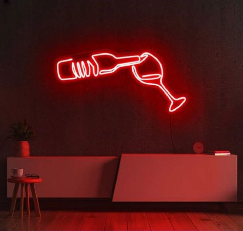 Neon Signs In Home, Wall Neon Signs, Classy Neon Sign, Red Led Sign, Wine Bar Lighting, Neon Signs For Home, Neon Light Kitchen, Wine Neon Sign, Neon Signs Kitchen