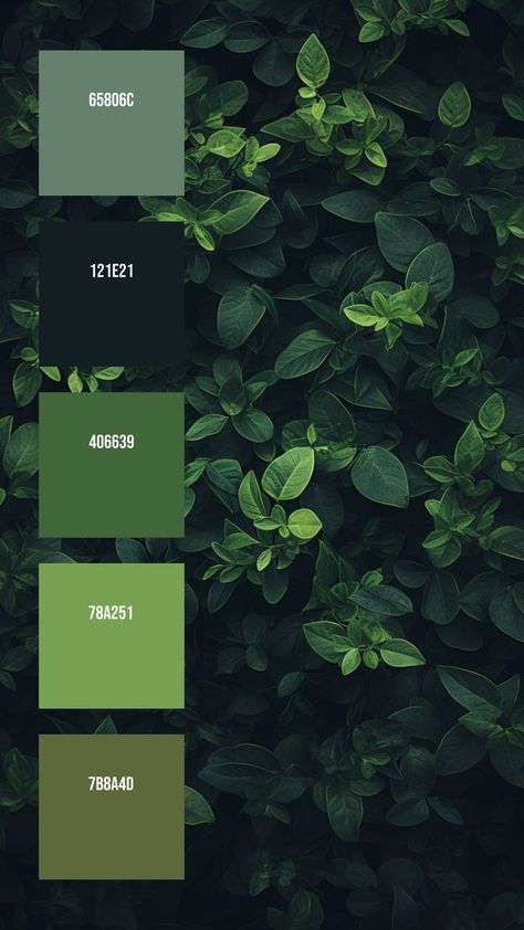 Colors: 65806C ° 121E21 ° 406639 ° 78A251 ° 7B8A4D Dark Nature Color Palette, Green Paint Pallet, Gloomy Color Palette, Colors That Go With Green, Shades Of Green Palette, Nature Pallet, Green Colour Pallet, Green Pallet Color, Nature Colour Palette