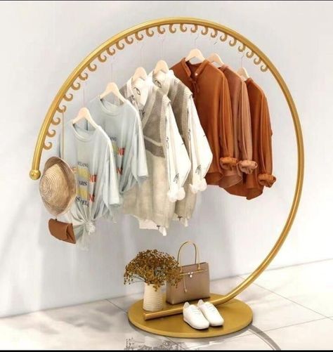 Gold Clothing Rack, Kids Clothing Store Design, Clothing Display Rack, Gold Clothing, Retail Store Interior Design, Clothing Store Interior, Clothing Store Design, Store Design Boutique, Sewing Room Design