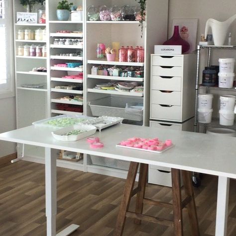 Soap Studio 15 on Instagram: “Soap Studio that is still in complete need my kitchen and cabinets eventually l will get there” Baking Studio, Meadow Cottage, Crafts Corner, Soap Studio, Studio Layout, Future Space, Bakery Kitchen, Work Studio, Heavenly Places