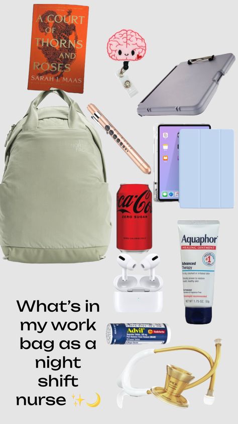 What I keep in my bag as a Night Shift ICU nurse ✨🌙 #nightshift #bookbag #northface #aquaphor #vibes #newgradnurse #nurse What’s In My Nurse Bag, Cna Bag Essentials, Night Shift Essentials, Night Shift Nurse Essentials, Nurse Work Bag Essentials, Nurse Bag For Work, Urology Nursing, Cna Aesthetic, Clinical Bag