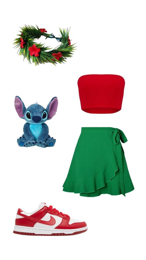 Lilo Costume, Disney Outfits Women, Lilo Y Stitch, Disney Inspired Outfits, Halloween Inspo, Red Shirt, Disney Outfits, Green Skirt, Disney Inspired