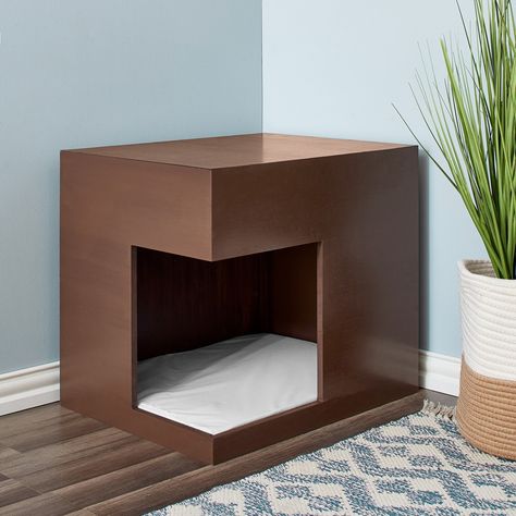 The Two by Two Boulder is a Furniture piece and Pet Bed that provides an enclosed “den” space for your cat or small dog to rest and relax after a long day or play with a Two by Two Cat Activity Toy. Strong wood construction and a durable bed (included) provides a comfy space for both cats and dogs. Soft wood colored enclosure with light gray colored bed will fit in with any home décor. Ships assembled. Can also be used as a small litter box cover. Minimalist Cat Bed, Dog House Furniture Indoor, Corner Litter Box Ideas, Hidden Cat Litter Box Ideas Diy Small Spaces, Litter Box Area Ideas, Cat Area Ideas, Montana Apartment, Hidden Litter Box Ideas, Apartment Cat Ideas