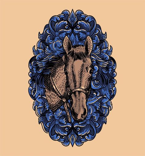 vintage illustration horse head against a background of blue ornaments engraving style Canyon Coffee, Illustration Horse, Blue Ornaments, A Background, Horse Head, Vintage Illustration, Vector Icons, Vector Free, Horses