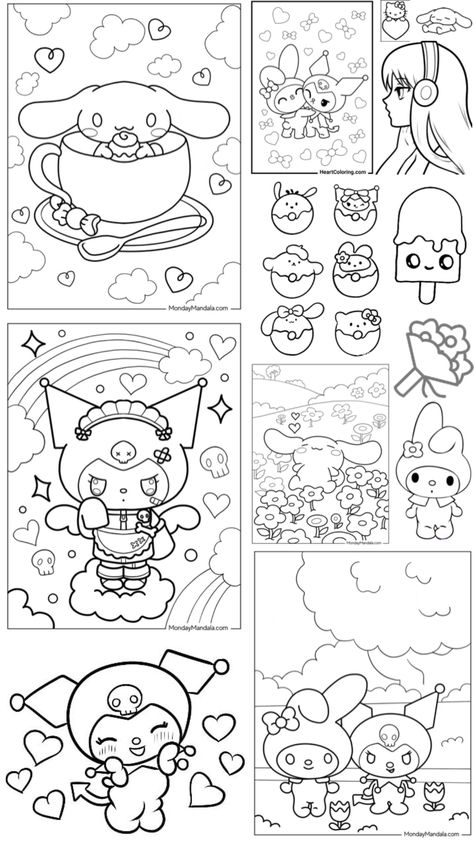 Kawaii coloringsheet. #kawaii#sanrio#cute#hellokitty#kitty#kuromi#cinnamoroll#bunny#melody#mymelody#anime#coloringbook#lineart My Melody And Kuromi Drawing, My Melody Doodle, Cinnamoroll Doodle, Kuromi Drawing, Kuromi Cinnamoroll, Kawaii Sanrio, Coloring Pages For Girls, Sanrio Characters, My Melody