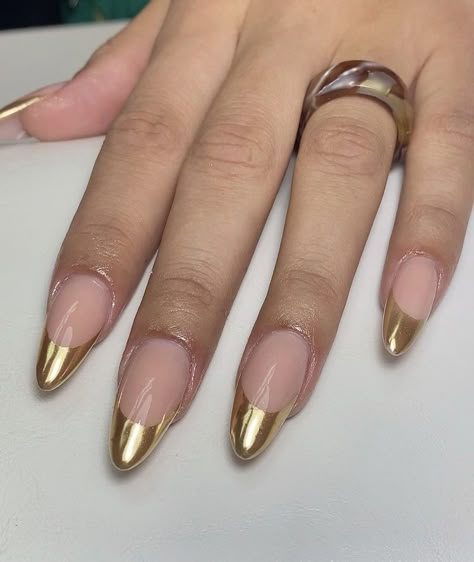 Silver And Gold Chrome Nails Designs, Gold Chrome French Tip Nails Almond, Chrome Gold French Tip Nails, Gold Tip Acrylic Nails, Metallic Tip Nails, Gold Chrome French Tip Nails, Disco Ball Nails, Gold French Nails, Gold French Tip Nails