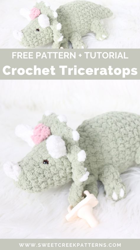 In this FREE Crochet blog post and YouTube tutorial I will teach you step by step how to crochet this adorable little triceratops! This crochet triceratops was designed to be a fun crochet pattern and tutorial, as it is a decently low sew pattern (the things you have to sew on are pretty easy)! This Amigurumi triceratops would be a perfect baby gift, nursery prop, or a snuggly animal for your baby! The possibilities are truly endless! If you plan to make this, please COMMENT below! Triceratops Crochet Pattern Free, Crochet Triceratops, Start Crocheting, Crochet Dinosaur Patterns, Free Pattern Crochet, Crochet Lovey, Popular Crochet, Crochet Dinosaur, Crochet Animals Free Patterns