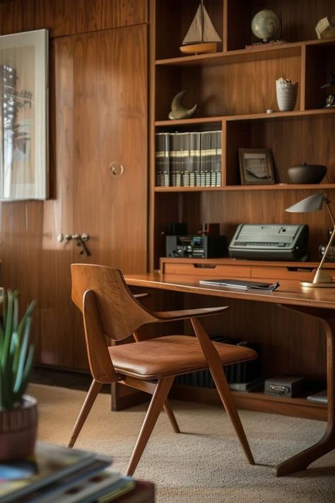 Creating My Ideal Mid-Century Modern Office Design Mid Century Modern Built In Desk, Mid Century Modern Desk Setup, Mid Century Modern Office Design, Mad Men Office, Midcentury Modern Office, Mcm Office, Retro Home Office, Wfh Office, Iconic Furniture Design