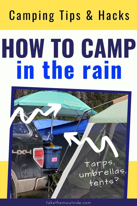 tarps, shelters, and umbrella set up for camping in the rain Zelt Camping Hacks, Camping Life Hacks, How To Camp, Zelt Camping, Tent Camping Hacks, Camping In The Rain, Camping 101, Rv Camping Tips, Camping Inspiration