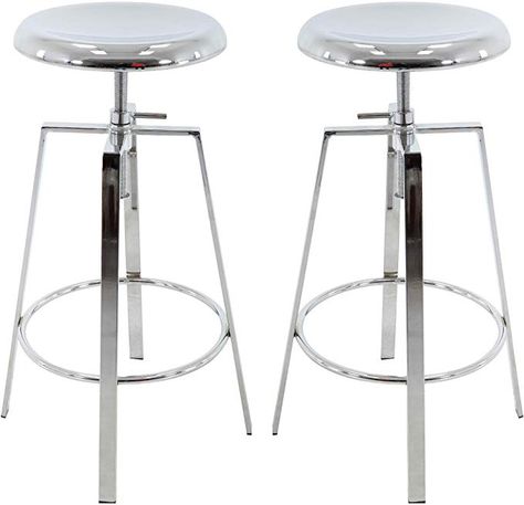 Amazon.com: Brage Living 4-Legged Chrome Backless Metal Round Seat Adjustable Height Bar Stools with Footrest (Set of 2) (Chrome): Kitchen & Dining Wire Bar Stools, Metal Barstools, Chrome Bar Stools, Chairs For Kitchen, Cool Bar Stools, Condo Furniture, Industrial Bar Stools, Industrial Bar, Counter Height Bar