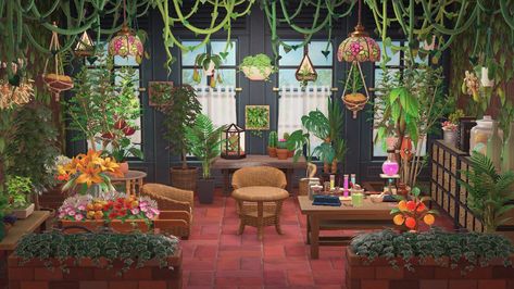 Maximalist Animal Crossing, Acnh Conservatory, House Of Perennials Acnh, Bohemian Animal Crossing, Animal Crossing Plant Room, Acnh Greenhouse Ideas Indoor, Acnh Indoor Garden, Animal Crossing Maximalism, Acnh Maximalism