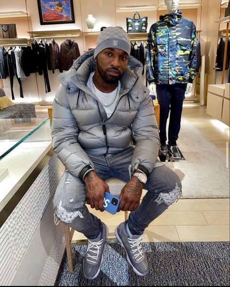 Uk Drip Outfits Men Winter, Cool Grey 11s Outfits Men, Winter Drip Outfits Men, Hood Outfits Men, Cool Grey 11s Outfits, Baltimore Fashion, Grey 11s, Drip Fits, Black Men Fashion Urban