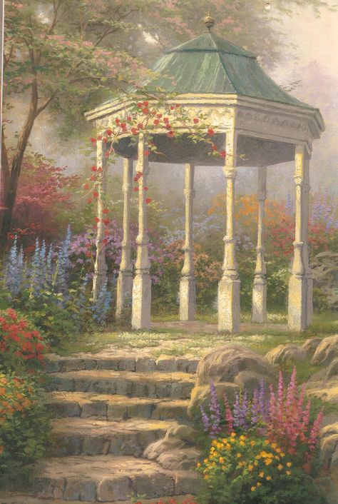 Sweetheart Gazebo Gazebo Drawing, Gazebo Painting, Gazebo Art, Roses Outline, Victorian Gazebo, Ethereal Aesthetic, Garden Drawing, Decoupage Vintage, Fantasy Places