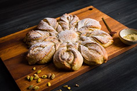 Pistachio Cardamom  Sourdough Star Bread Wreath Bread, Cardamom Bread, Pistachio Cardamom, Bread Wreath, Star Bread, Star Wreath, Biscuit Rolls, Pull Apart Bread, Sourdough Recipes