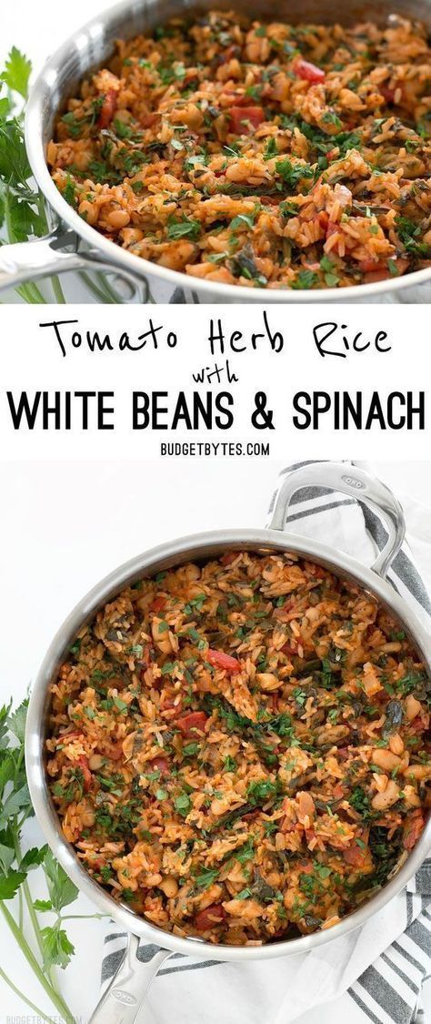 Tomato Herb Rice with White Beans and Spinach | Budget Bytes | V White Beans And Spinach, Herb Rice, Recipes Spinach, Meatless Dishes, Budget Bytes, Think Food, Vegan Dinner, Simple Recipes, Meatless Meals