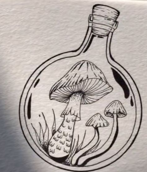 Mushroom Potion Bottle Tattoo, Mushroom Ideas, Goth Embroidery, 1930s Cartoons, Alice In Wonderland Drawings, Bottle Tattoo, Bottle Drawing, Mushroom Tattoos, Arte Grunge