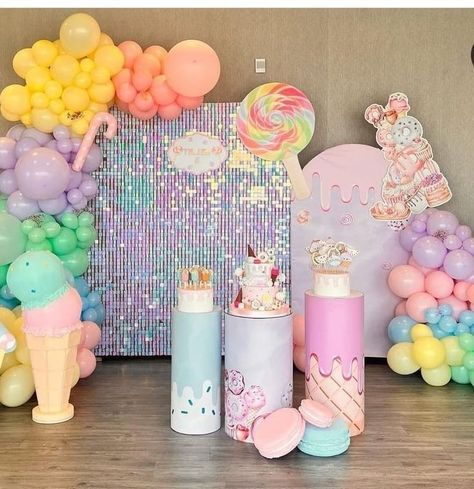 Candyland Backdrop Ideas, Candy Land Pastel, Candyland Balloon Backdrop, Candy Land Birthday Party Ideas Pastel Colors, Candy Land Theme Backdrop, Ice Cream Theme Birthday Party Decoration Candy Land, Candy Theme Birthday Party, Boss Birthday, Jasmine Birthday