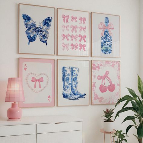 Trendy Pink And Blue Set of 6 Prints Pastel Pink Navy Blue Dorm Decor Aesthetic Apartment Decor Preppy Bow Wall Art Coastal Granddaughter by PindaMae on Etsy Pink And Blue Prints, Pink And Blue Room Ideas, Blue And Pink Room, Pink And Blue Room, Blue Dorm Decor, Dorm Decor Aesthetic, Get Ready Room, Aesthetic Apartment Decor, Preppy Room Ideas