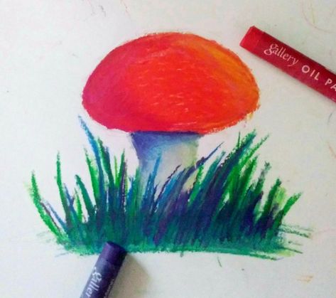 Oil Pastel Cute Drawing, Mushroom Oil Pastels, Mushroom Pastel Drawing, Mushroom Pastel Art, Mushroom Colored Pencil Drawing, Oil Pastel Cupcake Drawing, Pastel Illustration, Colour Paper, Inspo Art