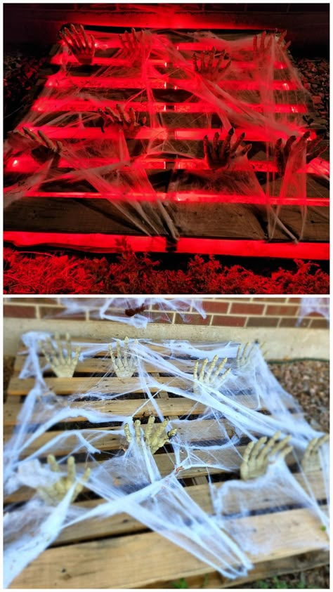 Cheap Outdoor Diy Halloween Decorations, Halloween Skid Decorations, Diy Halloween Decorations Outdoor Pallet, Pallet Zombie Pit, Pallets Halloween Decorations, Diy Night Club Decor Party Ideas, Halloween Pond Ideas, Halloween Cheesecloth Decoration, Hollween Decor Idea