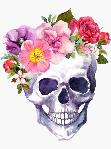 "Skull with floral crown" Sticker for Sale by joellis | Redbubble Crown Drawing, Heat Transfer Design, Skeleton Print, Floral Skull, A Skull, Print Decals, Skull Design, Floral Crown, Skull Print